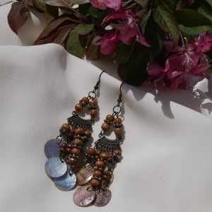 Boho Chandelier Earrings w/ Wood & Shell Beads